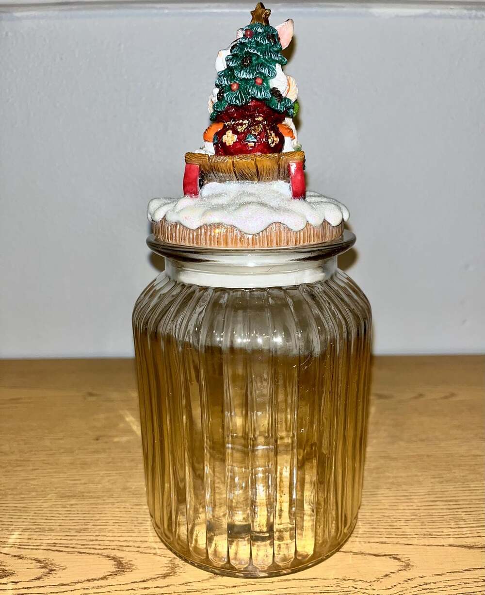Fitz and Floyd Christmas Lodge Rabbit Candy Jar – Festive Tree & Sled Design - Picture 2 of 5